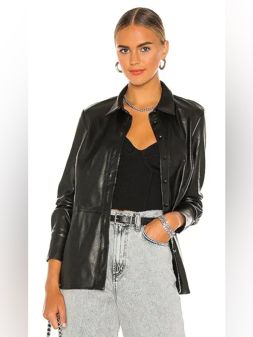 Bardot Black Faux Leather Shirt Jacket - Women's Layering Size Medium